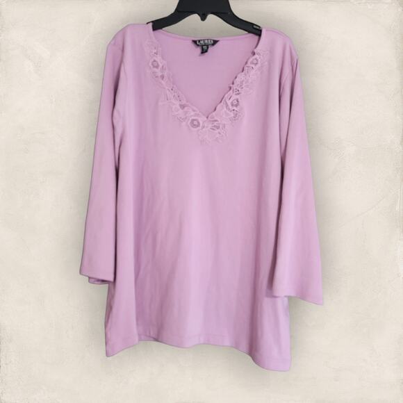 LRL Scottish Primrose Floral Lace V-Neck Trim Three Quarter Sleeve Top Size XXL - Picture 1 of 10